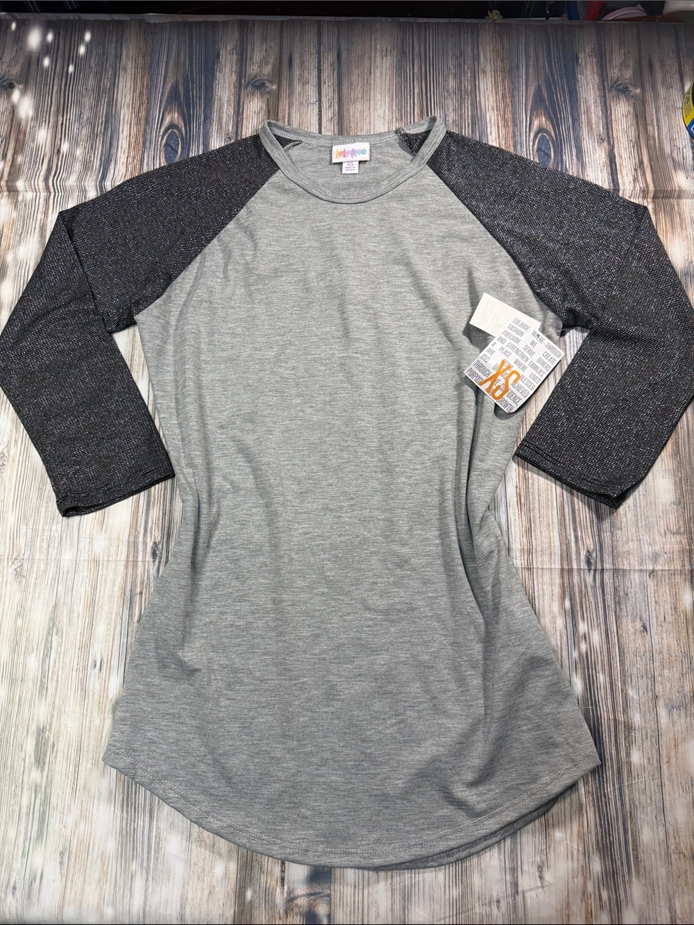 New LuLaRoe Elegant Collection Gray Body with Charcoal Sparkle Raglan XS